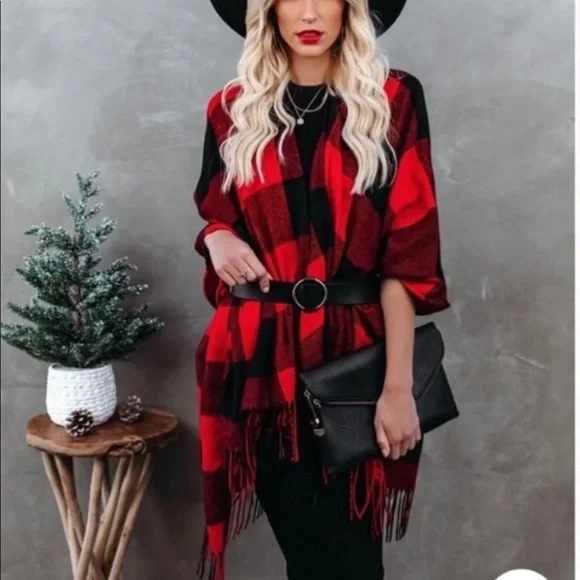 Buffalo Check plaid Tassel shawl  Poncho RED IVORY BLACK NEW - Picture 2 of 3